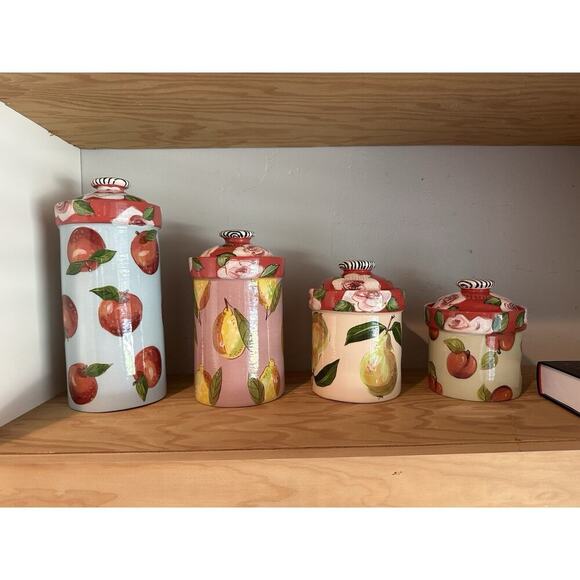 Droll Designs Set Of 4 Canister Fruit Apples Pears Plums Lemons Rose Lids Rare - Picture 1 of 16